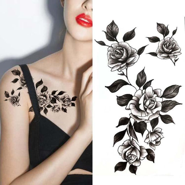 Black big flower Body Art Waterproof Temporary Sexy tattoos hand drawing rose For Woman Flash Tattoo Stickers 10*20CM KD1155