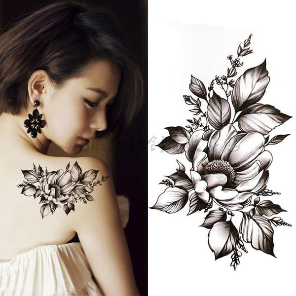 Black big flower Body Art Waterproof Temporary Sexy tattoos hand drawing rose For Woman Flash Tattoo Stickers 10*20CM KD1155