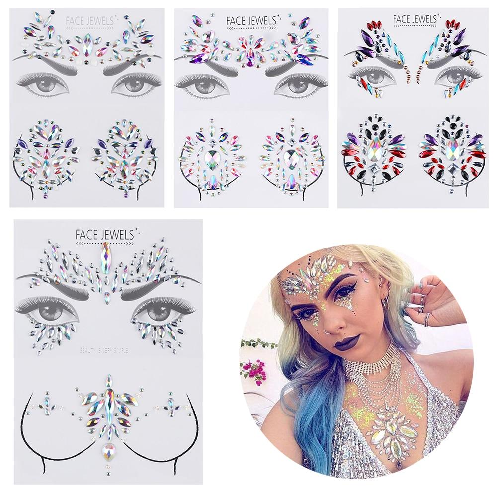 3D Face Body Temporary Tattoo Stickers Set Glitter Acrylic Self-Adhesive Face Jewels Gems Body Eyes Chest Decor Beauty Makeup