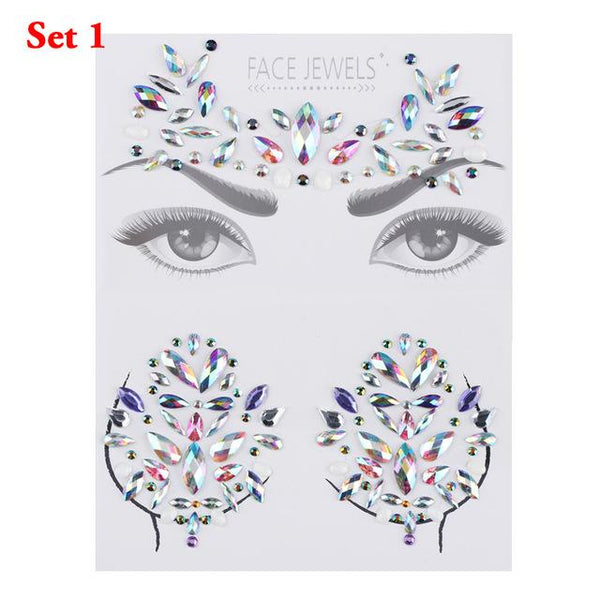 3D Face Body Temporary Tattoo Stickers Set Glitter Acrylic Self-Adhesive Face Jewels Gems Body Eyes Chest Decor Beauty Makeup