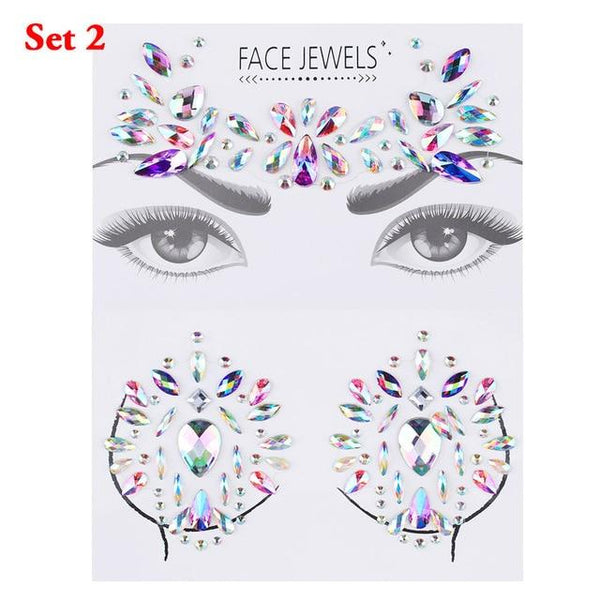 3D Face Body Temporary Tattoo Stickers Set Glitter Acrylic Self-Adhesive Face Jewels Gems Body Eyes Chest Decor Beauty Makeup