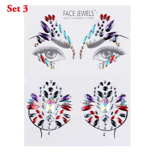 3D Face Body Temporary Tattoo Stickers Set Glitter Acrylic Self-Adhesive Face Jewels Gems Body Eyes Chest Decor Beauty Makeup