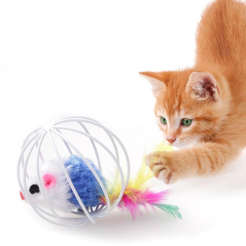Cat Toy Iron Cage Mouse Feather Plush Mouse Cat Toys Interactive Kitten Playing Funny Mice Mouse Toys for Cats Pet Animals
