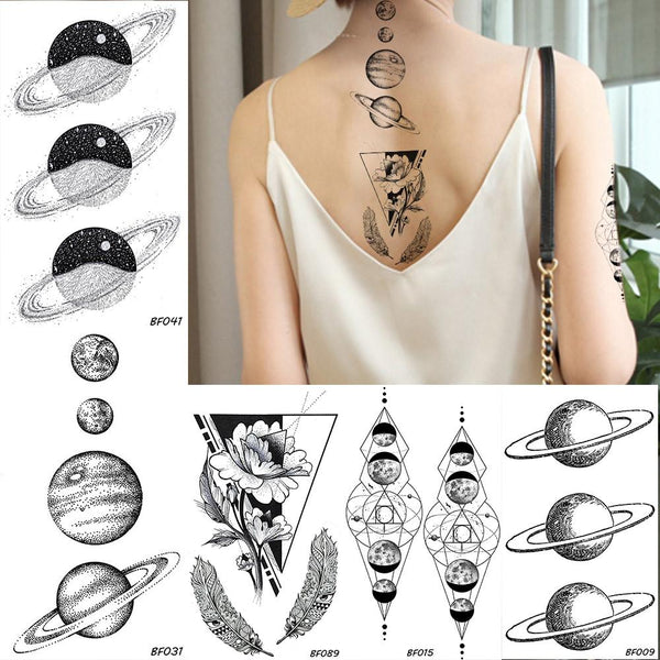 BAOFULI Women Galaxy Planets Temporary Tattoo Black Flower Feather Waterproof Fake Tatoos Body Art Arm Sleeve Tattoo Stickers