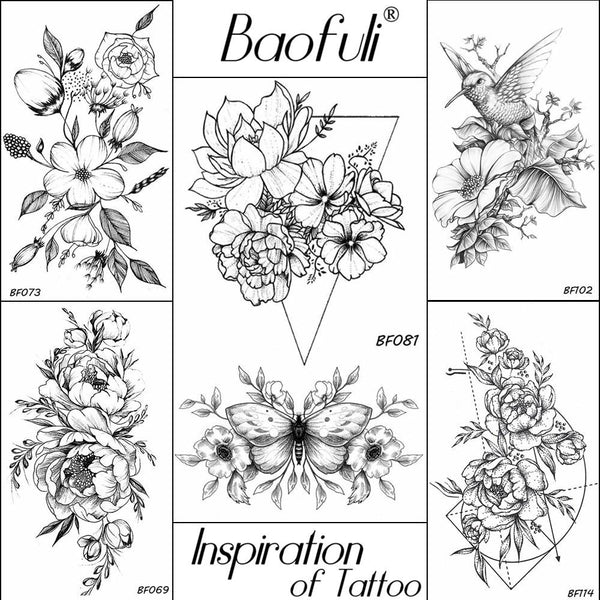 BAOFULI Women Flowers Butterfly Temporary Tattoo Sticker Triangle Water Transfer Tatoos Body Art Drawing Neck Ankle Fake Tattoo