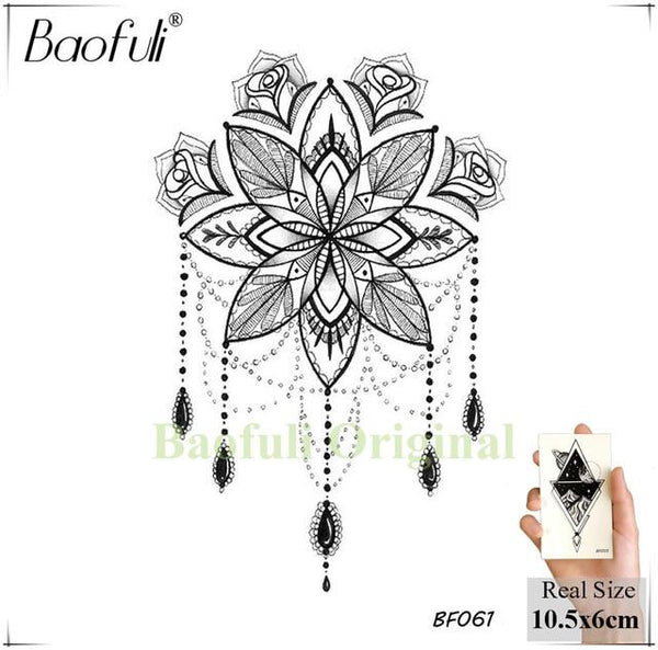 Women Sexy Henna Flower Temporary Tattoo Stickers Black Waterproof Fake Jewelry Tatoos Buddhist Lotus Tree Body Art Tattoo Lace