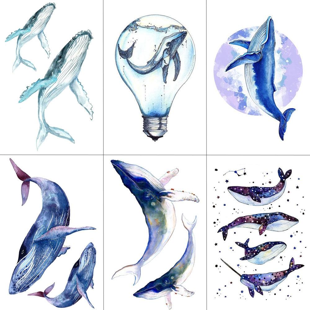 HXMAN Whale Shark Sea Animals Temporary Tattoos Waterproof Women Fake Body Art Arm Tattoo Sticker 9.8X6cm Kids Hand Tatoo A-106