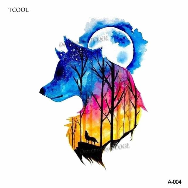 HXMAN Watercolor Wolf Tiger Temporary Tattoos Waterproof Women Fake Kids Children Hand Tattoos Men Body Art 9.8X6cm A-005