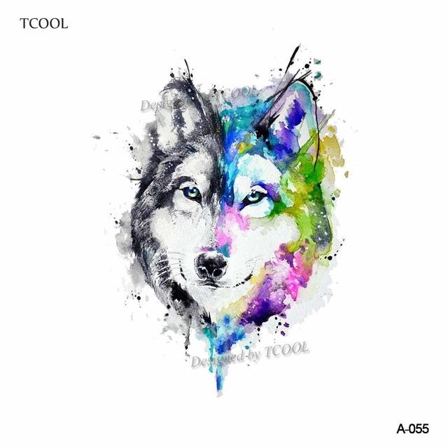 HXMAN Watercolor Wolf Tiger Temporary Tattoos Waterproof Women Fake Kids Children Hand Tattoos Men Body Art 9.8X6cm A-005