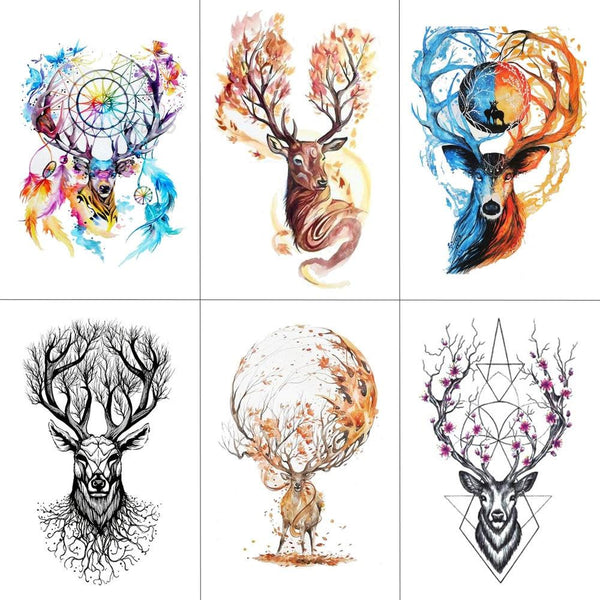 HXMAN Watercolor Deer Temporary Fake Tattoo Body Art Sticker Animal Waterproof Women Men Hand Tattoo Hot Design 9.8X6cm A-118