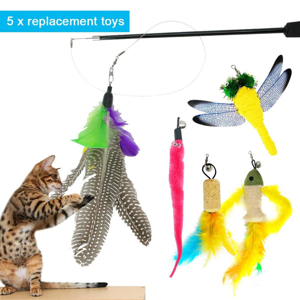 5pcs Cute Cat Toy Interactive Kitten Scratching Teaser Wand Fish Feather Cat Scratcher Toys Flexible Wands With Replacement Head