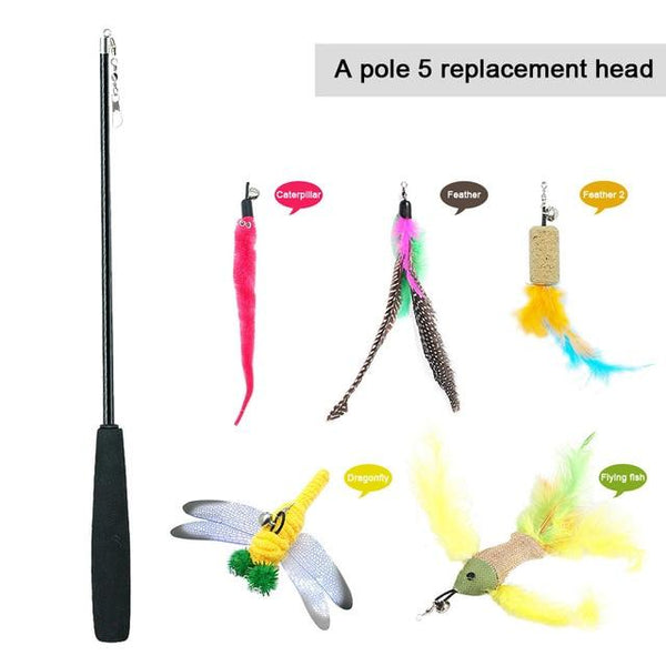 5pcs Cute Cat Toy Interactive Kitten Scratching Teaser Wand Fish Feather Cat Scratcher Toys Flexible Wands With Replacement Head