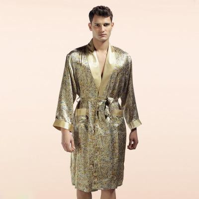 2019 New Genuine Silk Sleeping Robes Male Spring Autumn Long-Sleeve Printed Bathrobe Kimono Silkworm Silk Fashion Mens Sleepwear