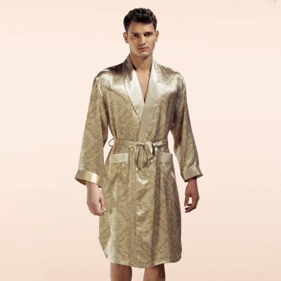 2019 New Genuine Silk Sleeping Robes Male Spring Autumn Long-Sleeve Printed Bathrobe Kimono Silkworm Silk Fashion Mens Sleepwear