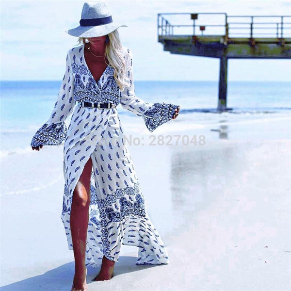 2019 New Summer Women Cover Up Retro Printed Dress Beachwear Beach Tunic Dress Sarongs Sexy Bathing Suit Swimsuit Robe