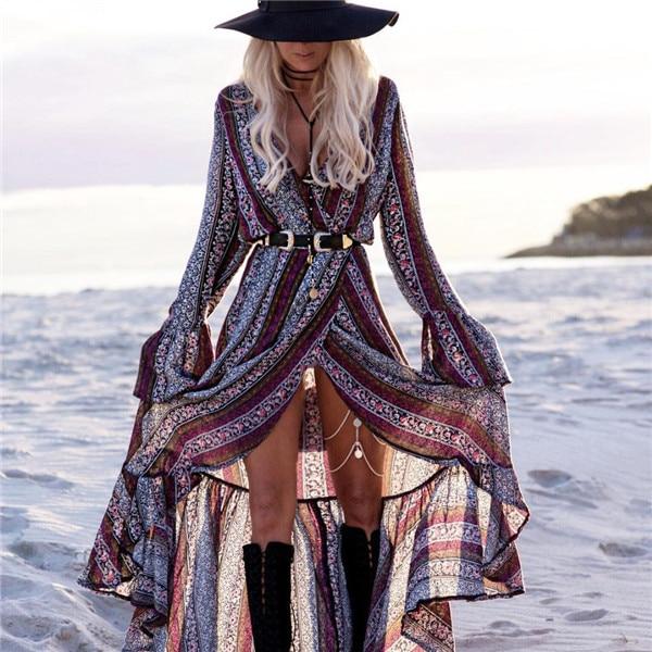 2019 New Summer Women Cover Up Retro Printed Dress Beachwear Beach Tunic Dress Sarongs Sexy Bathing Suit Swimsuit Robe