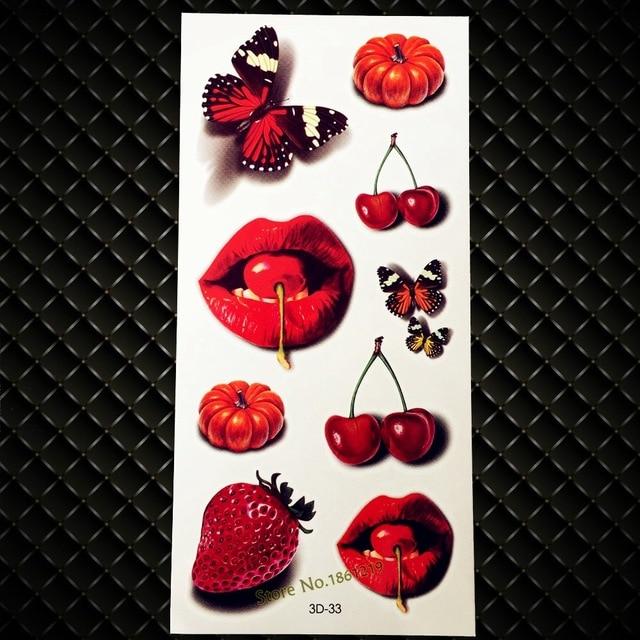 New Vivid 3D Tattoo Red Lip Cherry Strawberry Pumpkin Design Flash Temporary Tattoo Sticker Men Women Body Art Fake Tattoo G3D33