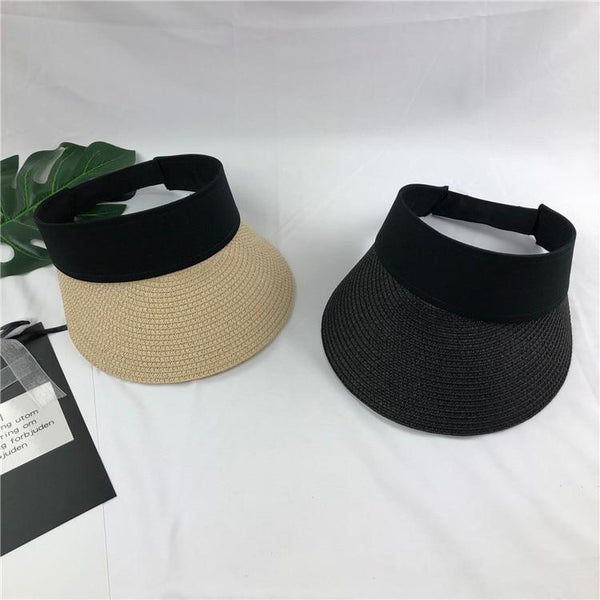 2019 New Simple Summer Straw Sun Hat Women Pearl Backable Sun Visor Hat with Big Heads Wide Brim UV Protection female cap