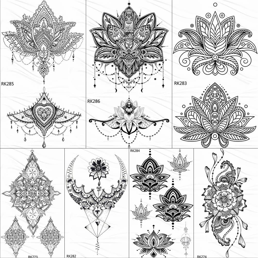 OMMGO Black Henna Arm Tattoo Mandala Flower Temporary Tattoos For Women Female Girls Sticker Fake Tattoo Mehndi Custom Tatoos