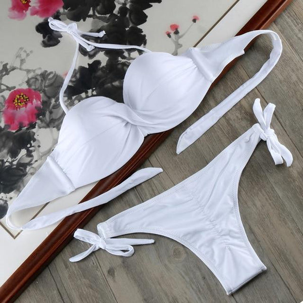 Bikini Solid Strappy Bandage Bikinis Set White Push Up Bikini Swimwear Bandeau Brazilian Swimsuit Bathing Suit Maillot De Bain