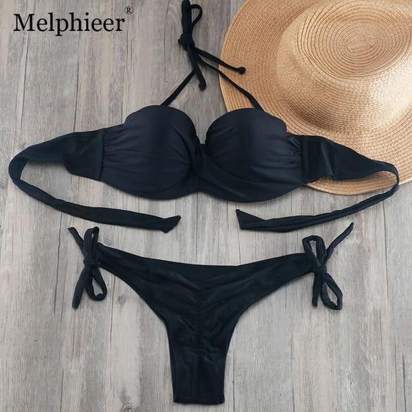 Bikini Solid Strappy Bandage Bikinis Set White Push Up Bikini Swimwear Bandeau Brazilian Swimsuit Bathing Suit Maillot De Bain