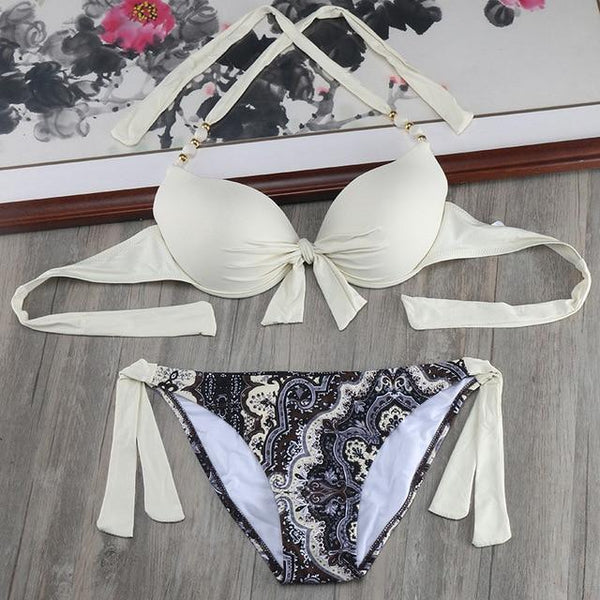 Bikini Solid Strappy Bandage Bikinis Set White Push Up Bikini Swimwear Bandeau Brazilian Swimsuit Bathing Suit Maillot De Bain