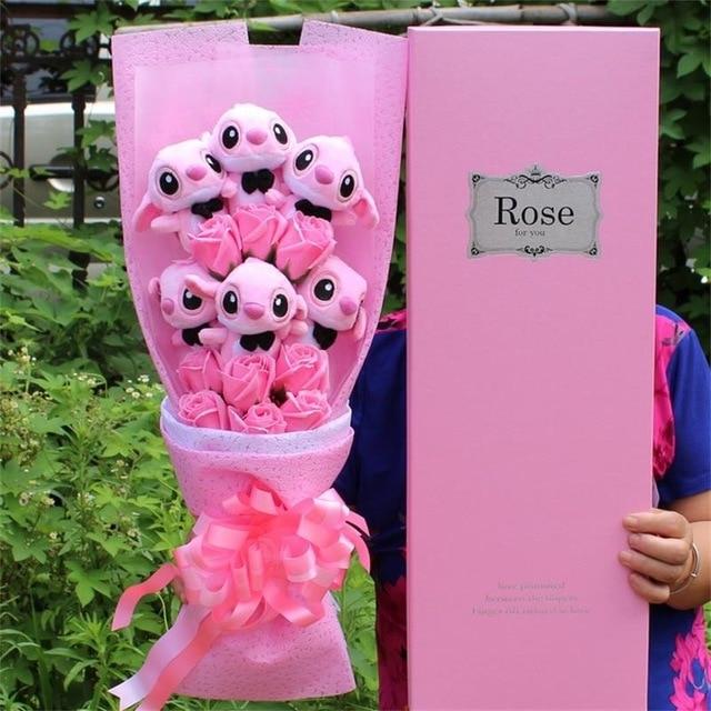 Artificial Lovely Cartoon Plush Toys Stitch Festivals Gift Bouquet with Fake Flowers For Valentine's Day Wedding Party Decora