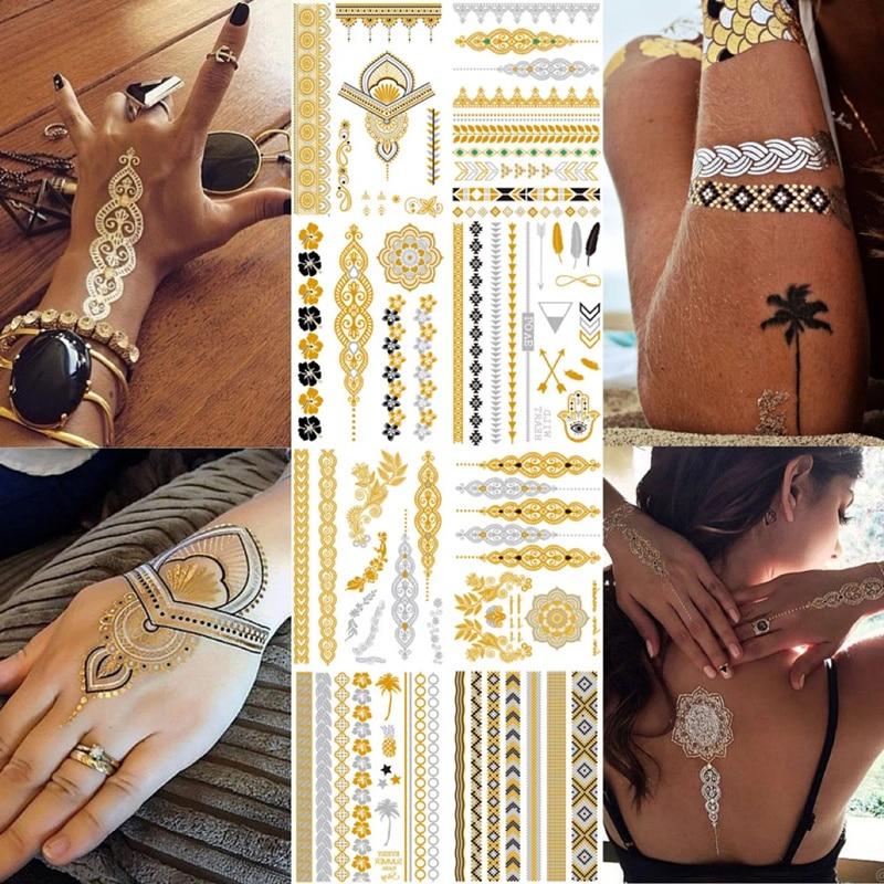 Temporary golden tattoos stickers jewelry bracelet party tattoos fashion   flash tattoo paste makeup girsl arm waterproof tattoo