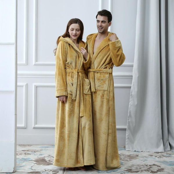 2019 Thermal Hooded  Flannel Bathrobe Women Men Extra Long Thick Warm Winter Bath Robe Bridesmaid Robes Dressing Gown