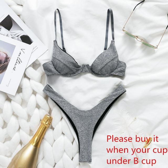 In-X Sexy thong bikini 2019 High cut swimsuit Silver push up bikini Shiny brazilian swimwear women bather Underwire Bathing suit