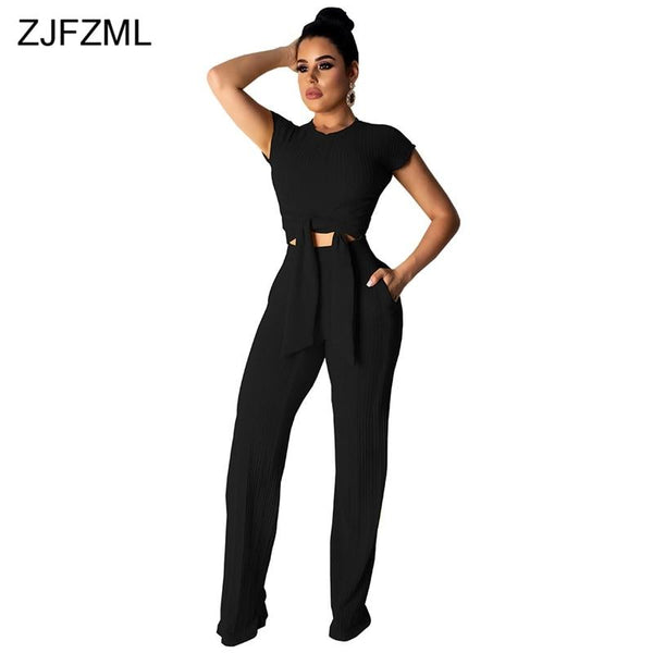 Kniteed Two Pieces Sets Women Clothes O Neck Short Sleeve Bandage Crop Top + Pocket Wide Leg Pants Candy Colors Tracksuit Outfit
