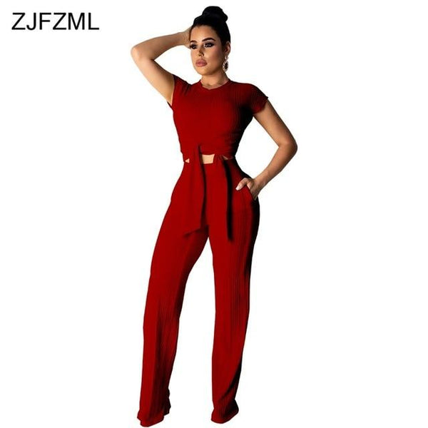 Kniteed Two Pieces Sets Women Clothes O Neck Short Sleeve Bandage Crop Top + Pocket Wide Leg Pants Candy Colors Tracksuit Outfit