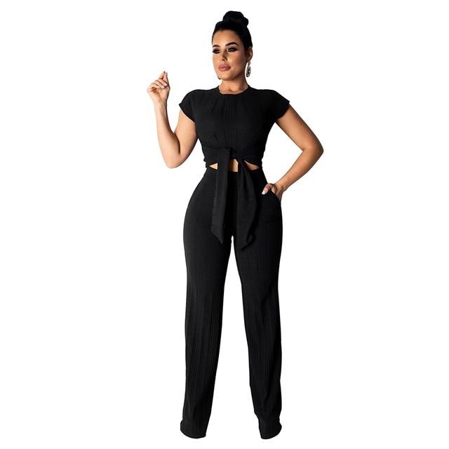 Kniteed Two Pieces Sets Women Clothes O Neck Short Sleeve Bandage Crop Top + Pocket Wide Leg Pants Candy Colors Tracksuit Outfit