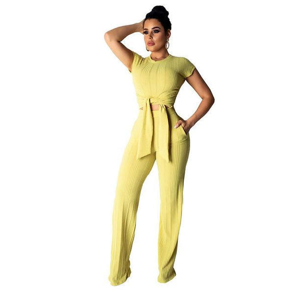 Kniteed Two Pieces Sets Women Clothes O Neck Short Sleeve Bandage Crop Top + Pocket Wide Leg Pants Candy Colors Tracksuit Outfit