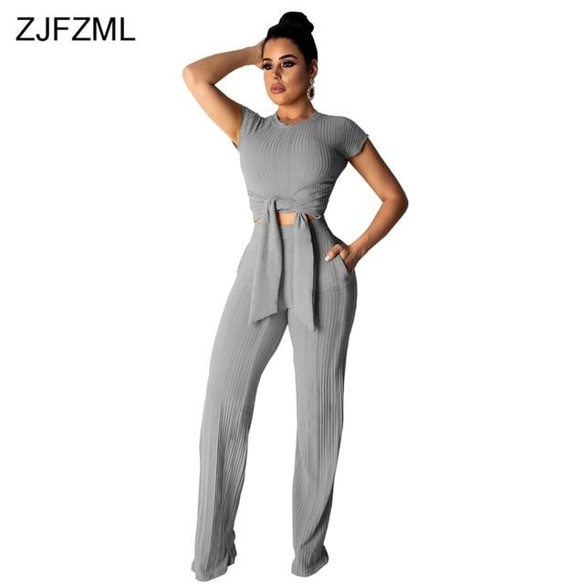 Kniteed Two Pieces Sets Women Clothes O Neck Short Sleeve Bandage Crop Top + Pocket Wide Leg Pants Candy Colors Tracksuit Outfit