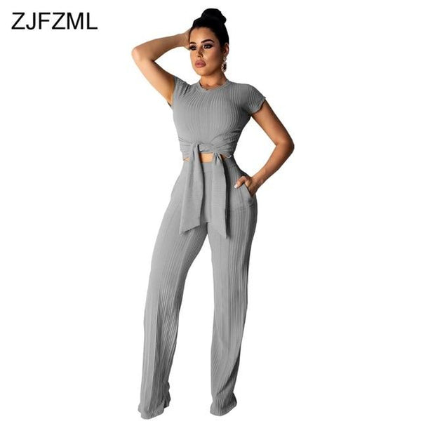 Kniteed Two Pieces Sets Women Clothes O Neck Short Sleeve Bandage Crop Top + Pocket Wide Leg Pants Candy Colors Tracksuit Outfit