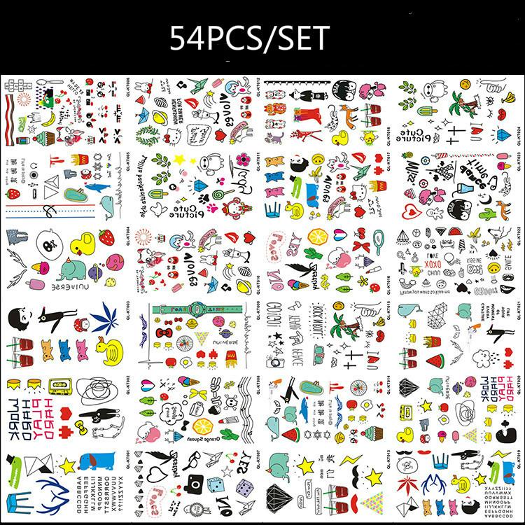 54pcs/set Waterproof Temporary Tattoos for Women Girl Cute Cartoon Body Art DIY Stickers Kids Tatoo