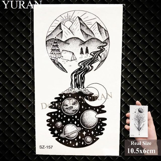 YURAN Black Mountain River Geometric Tattoo Stickers Women Body Arm Moon Temporary Tattoo Men Ankle Wolf Round Fake Tatoo 3D