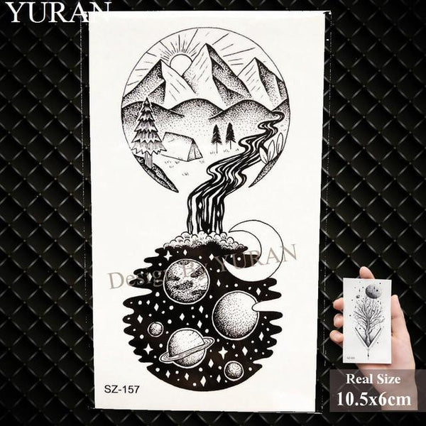 YURAN Black Mountain River Geometric Tattoo Stickers Women Body Arm Moon Temporary Tattoo Men Ankle Wolf Round Fake Tatoo 3D