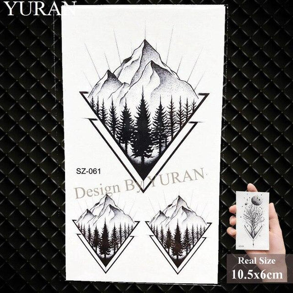 YURAN Black Mountain River Geometric Tattoo Stickers Women Body Arm Moon Temporary Tattoo Men Ankle Wolf Round Fake Tatoo 3D