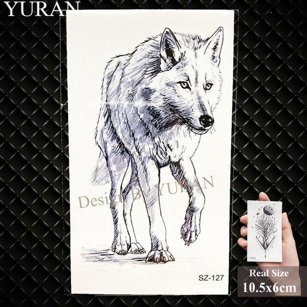 YURAN Black Mountain River Geometric Tattoo Stickers Women Body Arm Moon Temporary Tattoo Men Ankle Wolf Round Fake Tatoo 3D