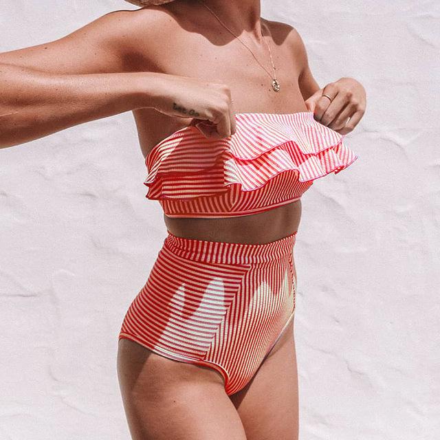 VIEUNSTA Women Sexy Strapless Bikini Swimsuit Ruffled High Waist bikini set Swimwear Striped Wrap Female Biquini Bathing suit