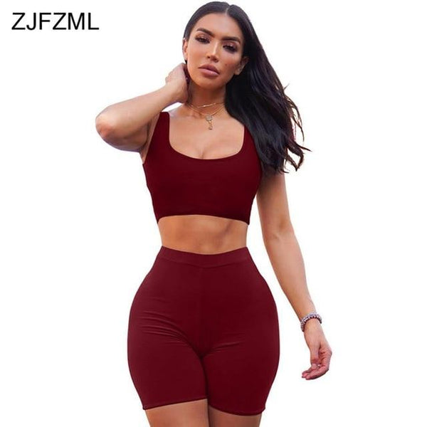 Summer Two Piece Set For Women O Neck Sleeveless Tank Crop Top+Skinny Biker Shorts Casual Club Outfits Sexy 2 Piece Matching Set