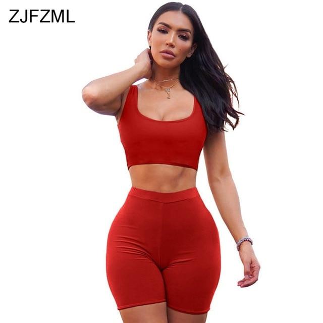 Summer Two Piece Set For Women O Neck Sleeveless Tank Crop Top+Skinny Biker Shorts Casual Club Outfits Sexy 2 Piece Matching Set