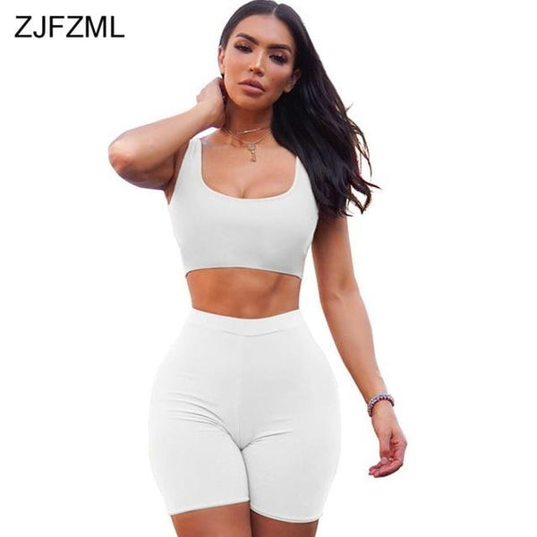 Summer Two Piece Set For Women O Neck Sleeveless Tank Crop Top+Skinny Biker Shorts Casual Club Outfits Sexy 2 Piece Matching Set
