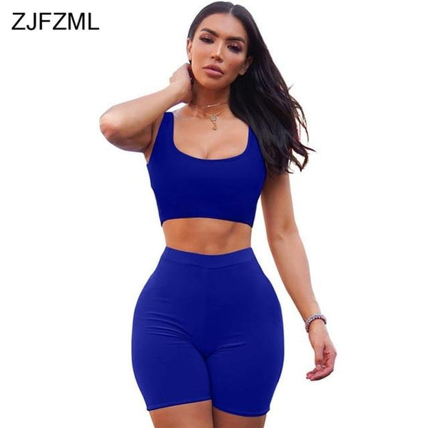 Summer Two Piece Set For Women O Neck Sleeveless Tank Crop Top+Skinny Biker Shorts Casual Club Outfits Sexy 2 Piece Matching Set