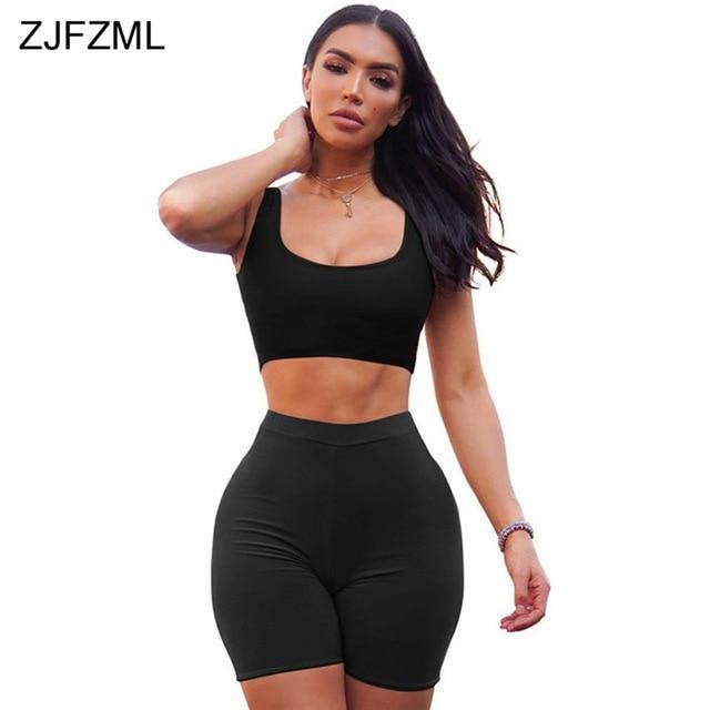 Summer Two Piece Set For Women O Neck Sleeveless Tank Crop Top+Skinny Biker Shorts Casual Club Outfits Sexy 2 Piece Matching Set