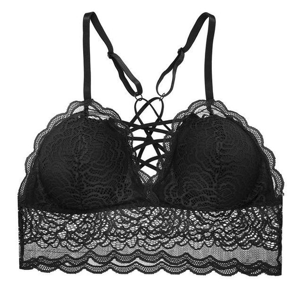 Plus Size Lace Bralette Hollow Out Wire Free Bra Deep V Red Transparent Backless Lingerie Paded Underwear Wireless Underwire New