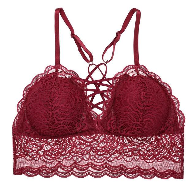 Plus Size Lace Bralette Hollow Out Wire Free Bra Deep V Red Transparent Backless Lingerie Paded Underwear Wireless Underwire New