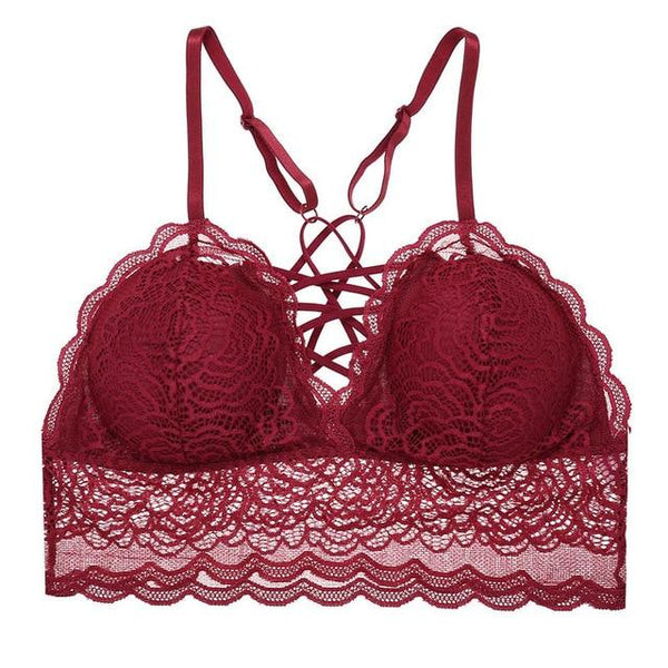 Plus Size Lace Bralette Hollow Out Wire Free Bra Deep V Red Transparent Backless Lingerie Paded Underwear Wireless Underwire New